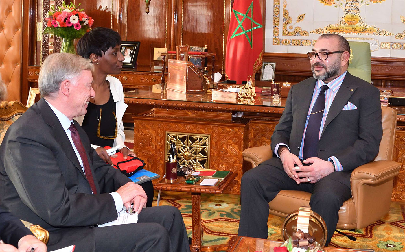 Moroccan King Mohammed VI, right, confers with UN envoy Horst Kohler at the Palace in Rabat 