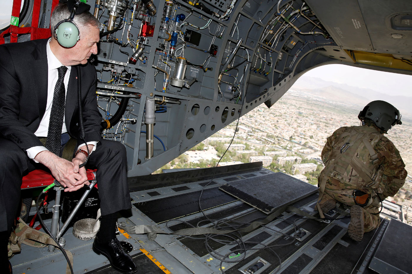 US Defense Secretary James Mattis looks out over Kabul as he arrives via helicopter at Resolute Support headquarters in Kabul, Afghanistan April 24, 2017. 