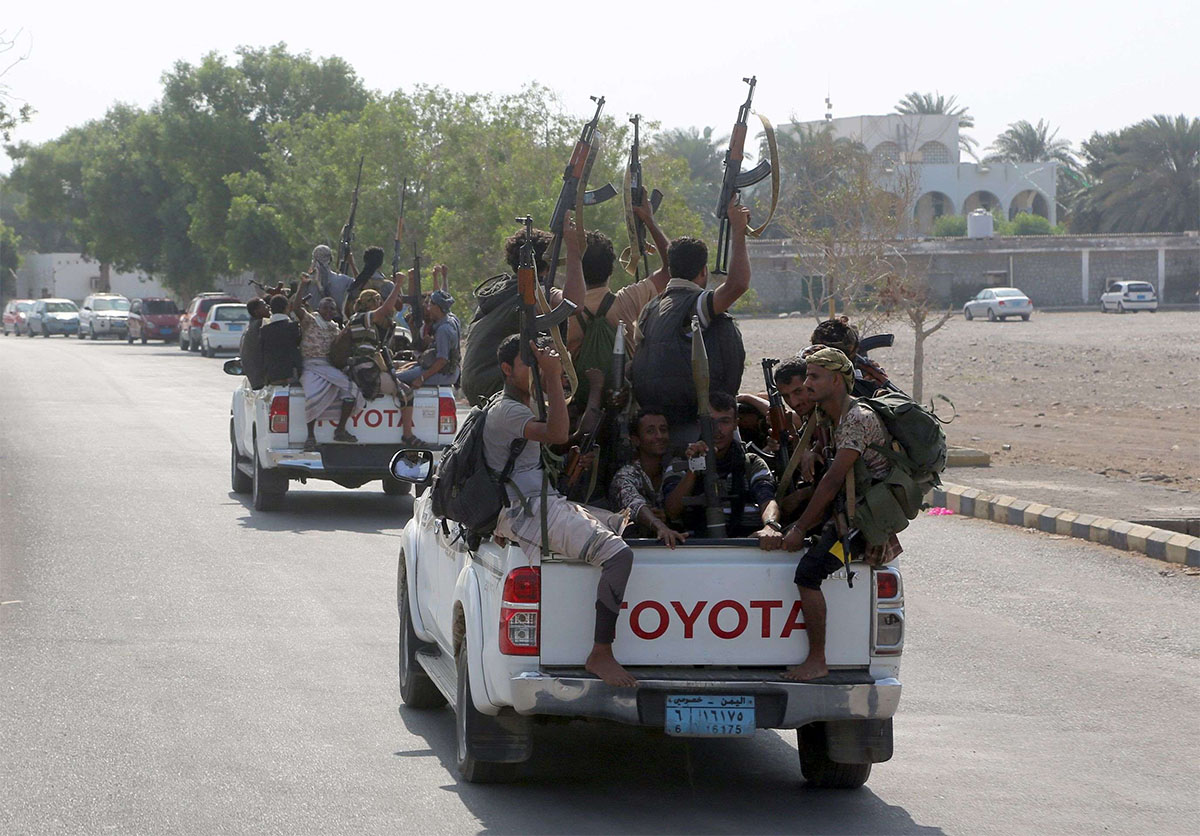 Yemeni Shiite Huthi rebel fighters are pictured in the port city of Hodeidah