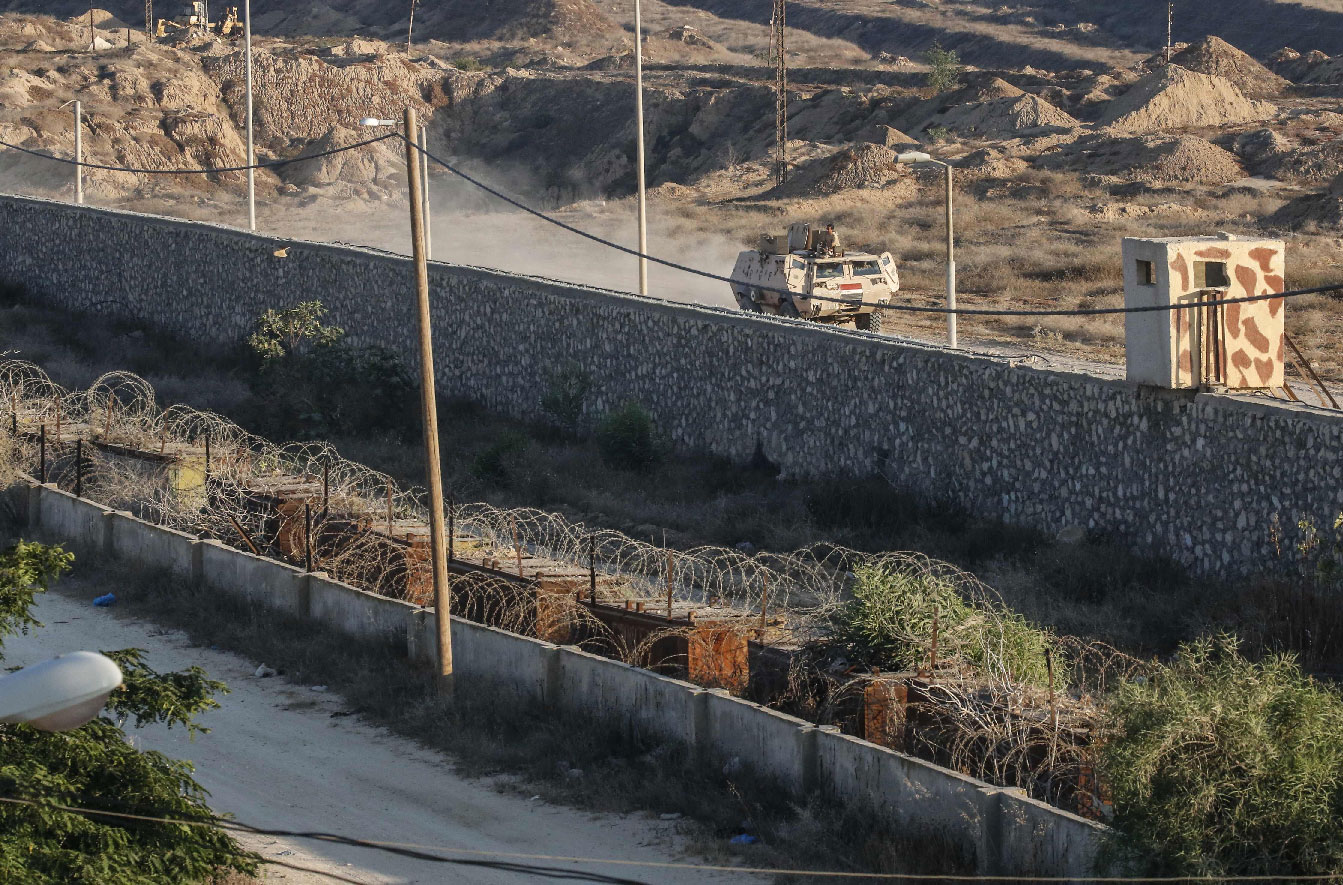 Egyptian armoured vehicle patrolling along the border with the Hamas-run Gaza Strip in the divided border town of Rafah