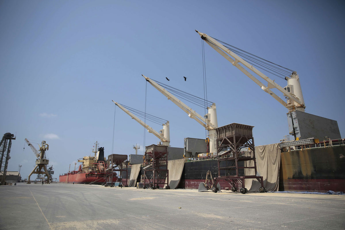 Idle cargo and oil tanker ships pictured at the port of Hodeidah, Yemen