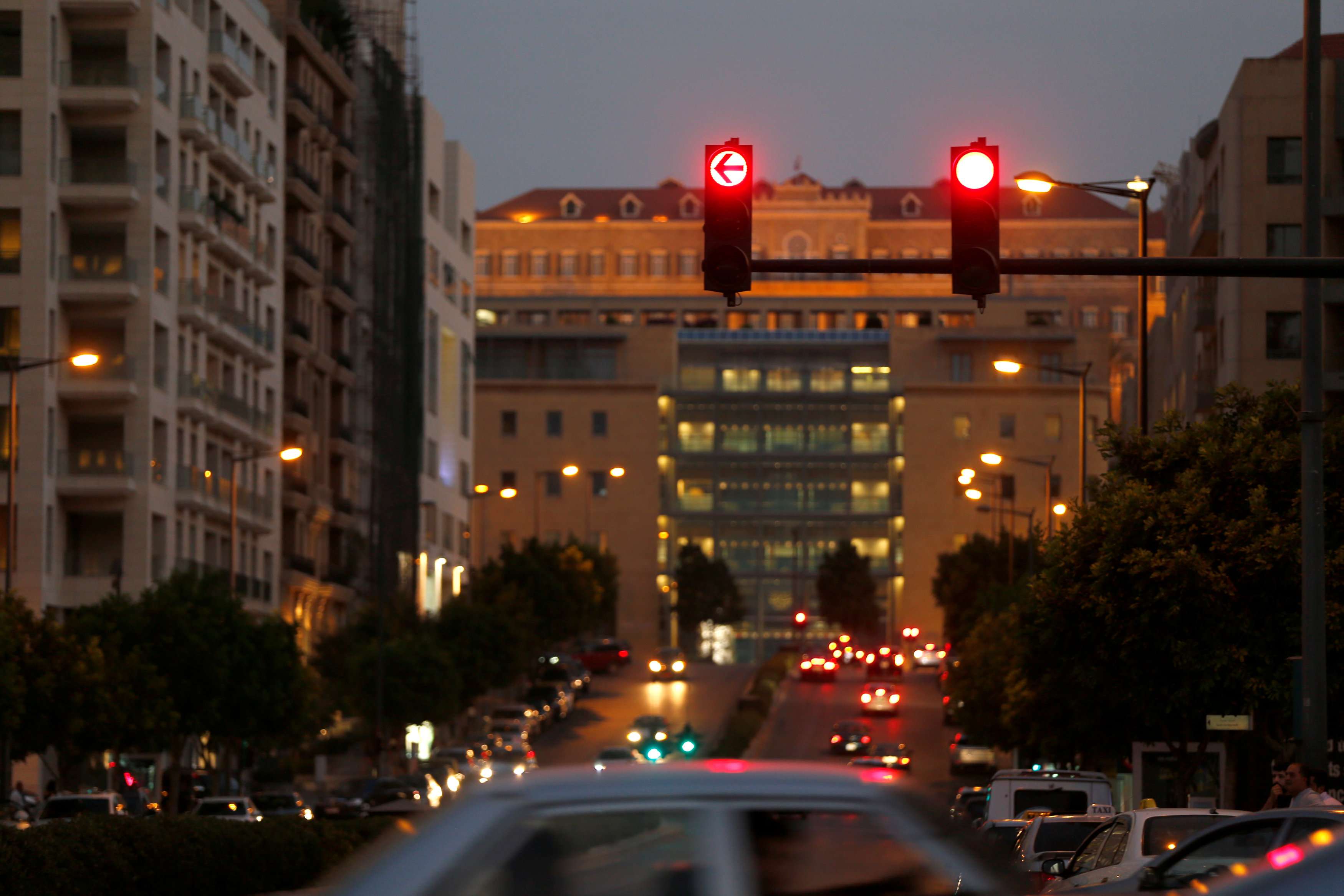 A traffic signal displays a red light in Beirut, Lebanon
