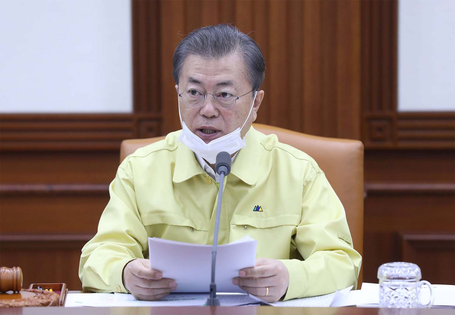 South Korean President Moon Jae-in speaks during a cabinet meeting at the government complex