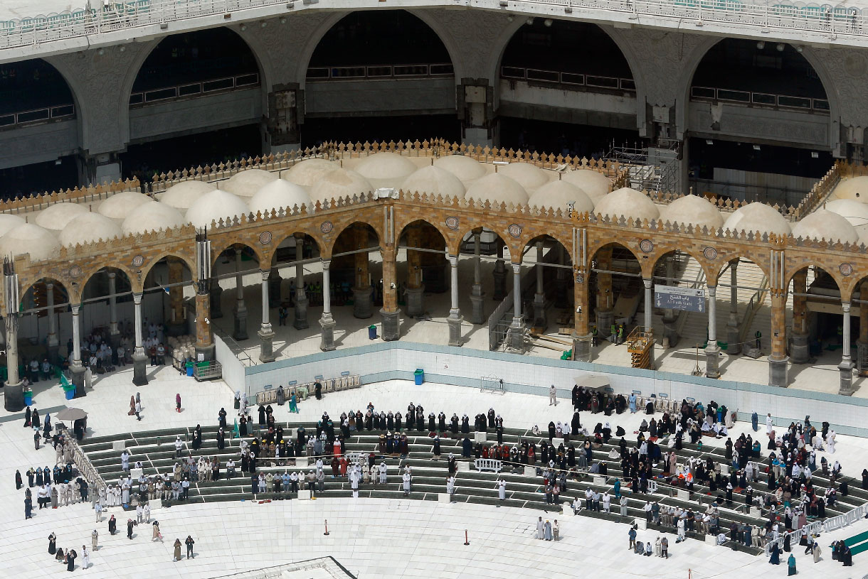 A relatively few number of Muslims pray at the Grand Mosque in Mecca, Saudi Arabia