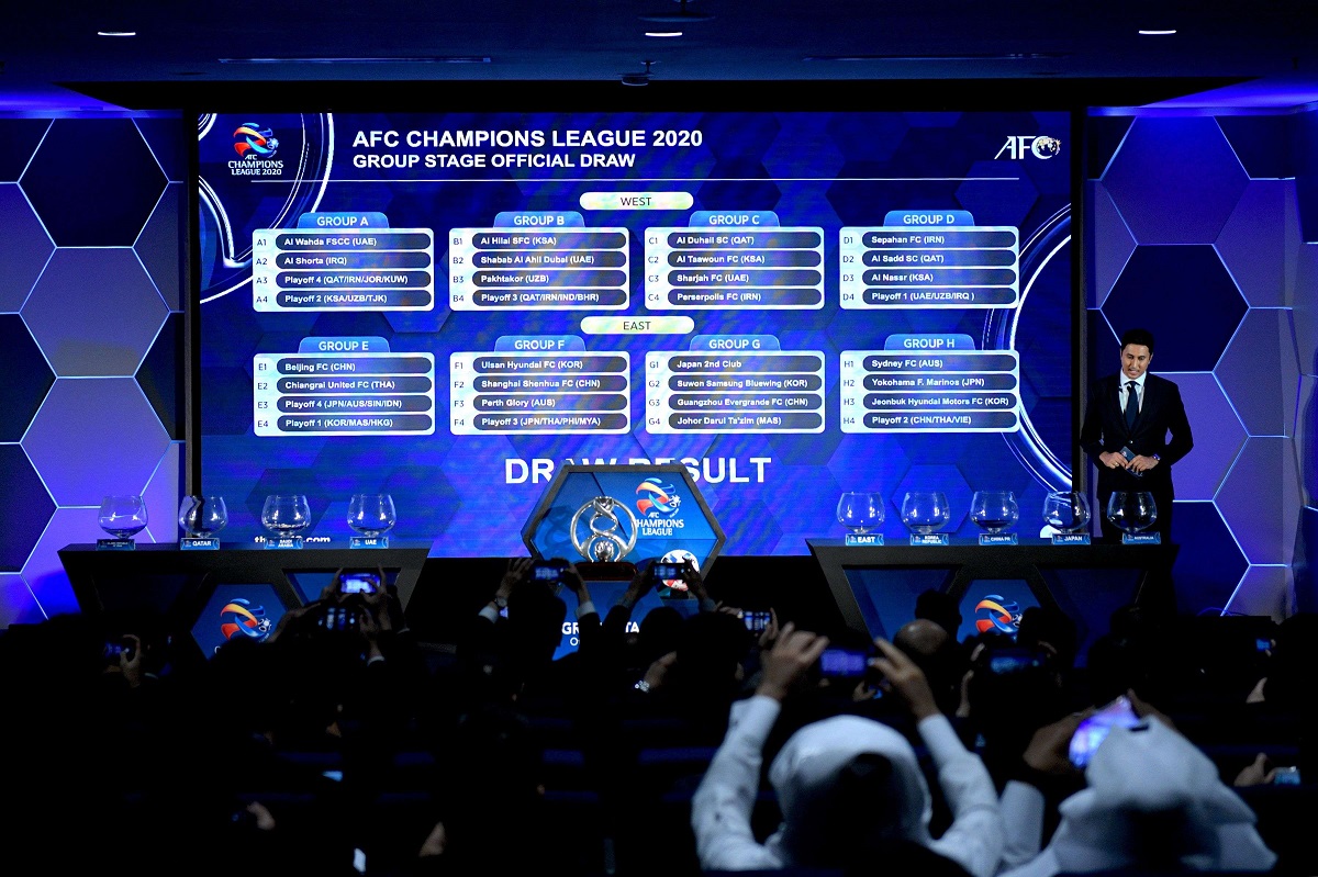 أشخاص يلتقطون صورًا لشاشة تعرض القرعة الرسمية لكأس الاتحاد الآسيوي لكرة القدم 2020