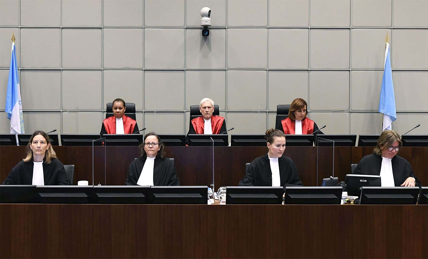 Judge Janet Nosworthy, Presiding Judge David Re and Judge Micheline Braidy attend a session of the UN-backed Special Tribunal for Lebanon 