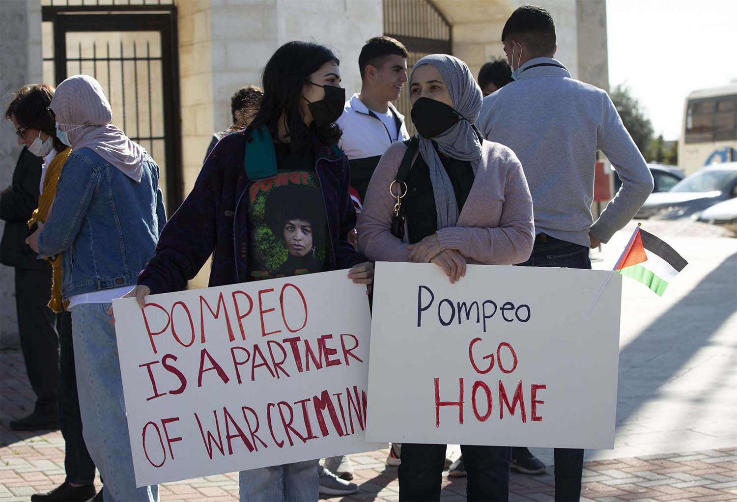 Palestinians protest against expected visit of the US Secretary of State Mike Pompeo to the Jewish settlement of Psagot near the West Bank city of Al-Bireh