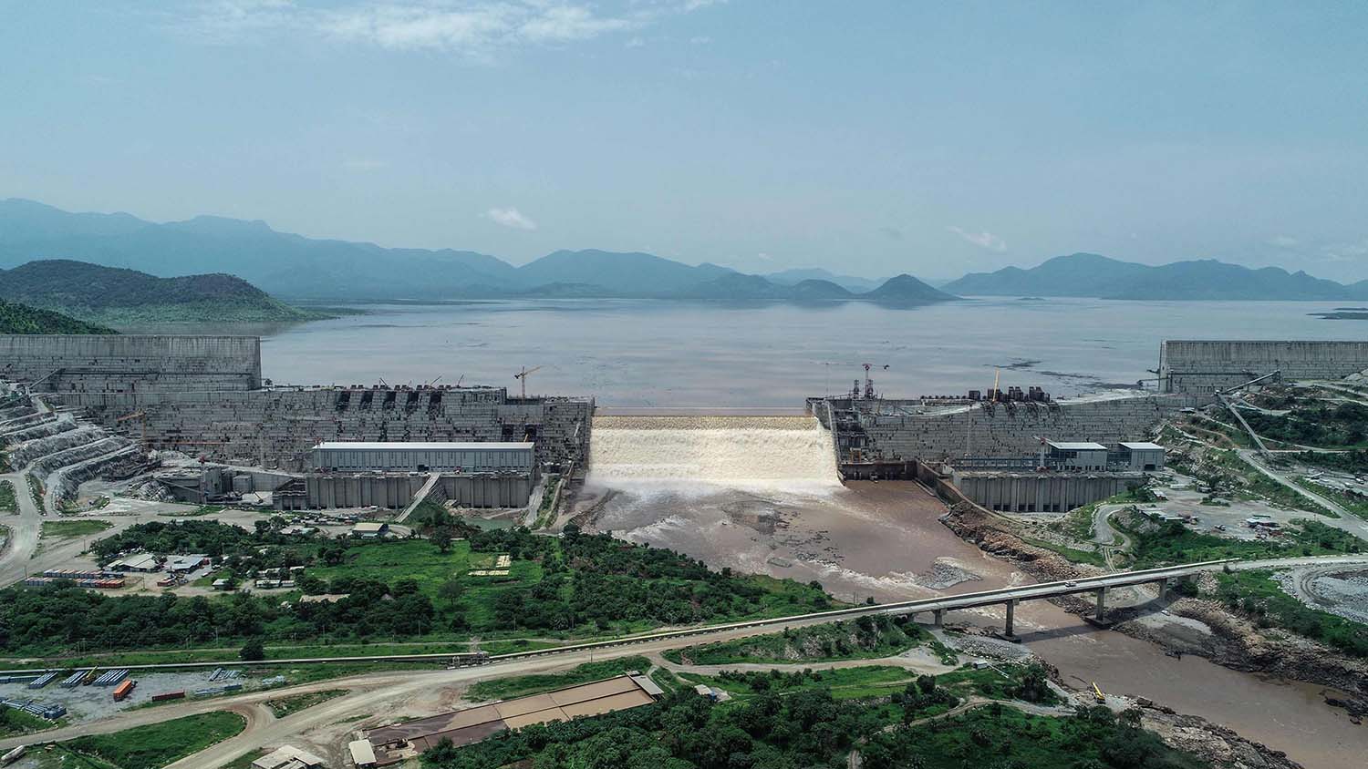 An aerial view Grand Ethiopian Renaissance Dam on the Blue Nile River 