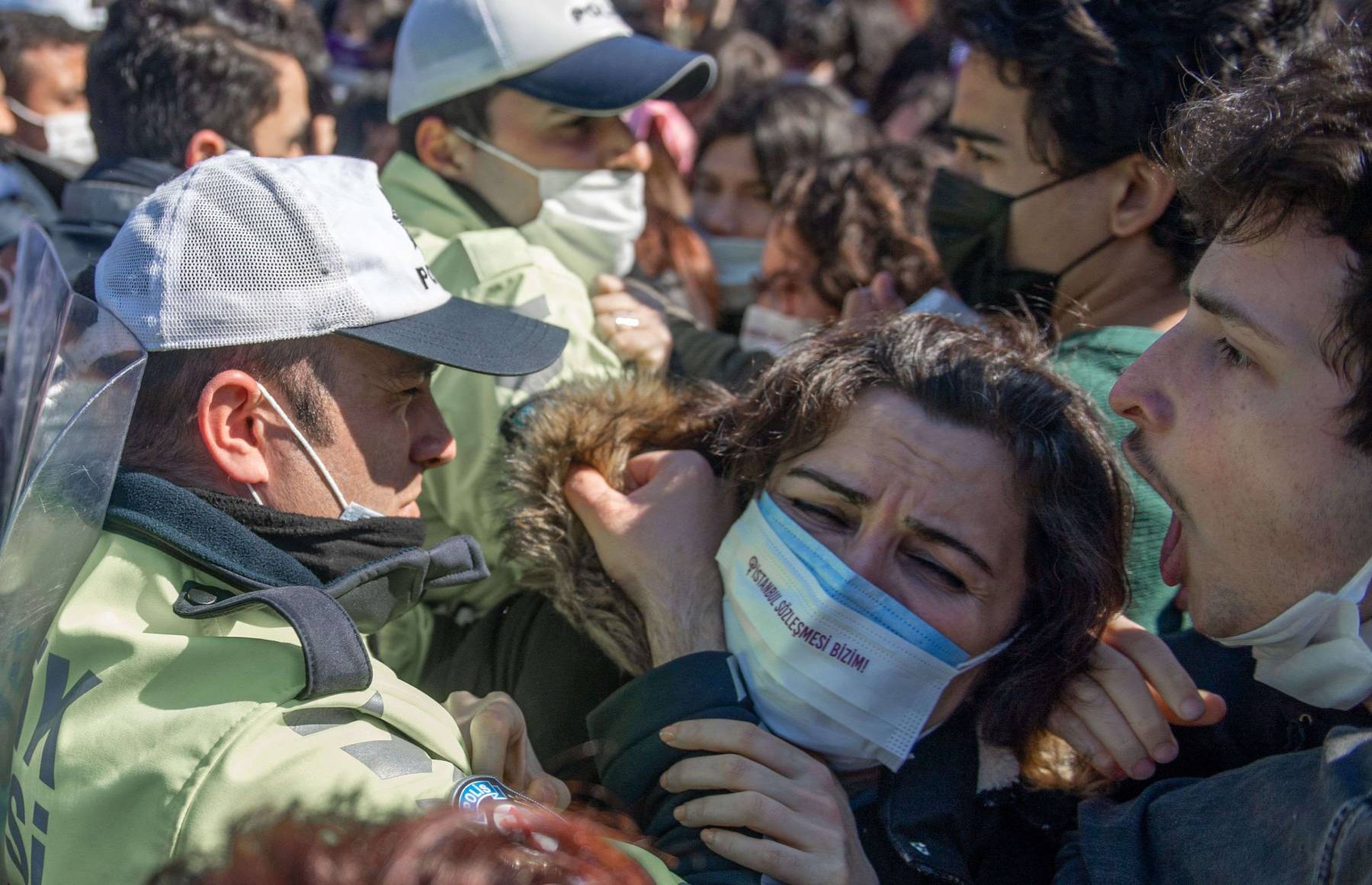 Turkish police block women demonstrating against Turkey's decision to withdraw from the Istanbul Convention at Kadikoy in Istanbul