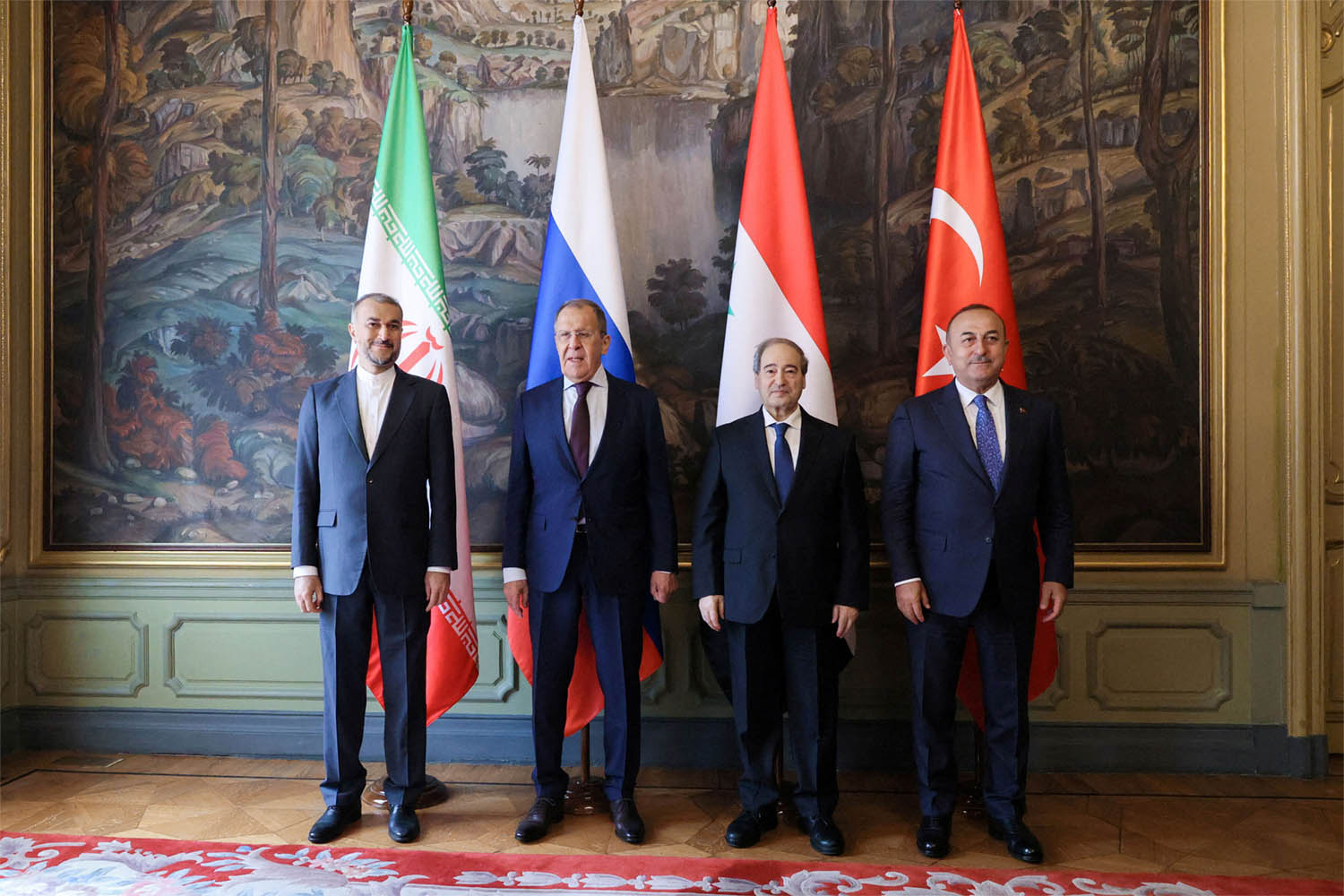 oreign ministers Hossein Amirabdollahian of Iran, Sergei Lavrov of Russia, Faisal Mekdad of Syria and Mevlut Cavusoglu of Turkey
