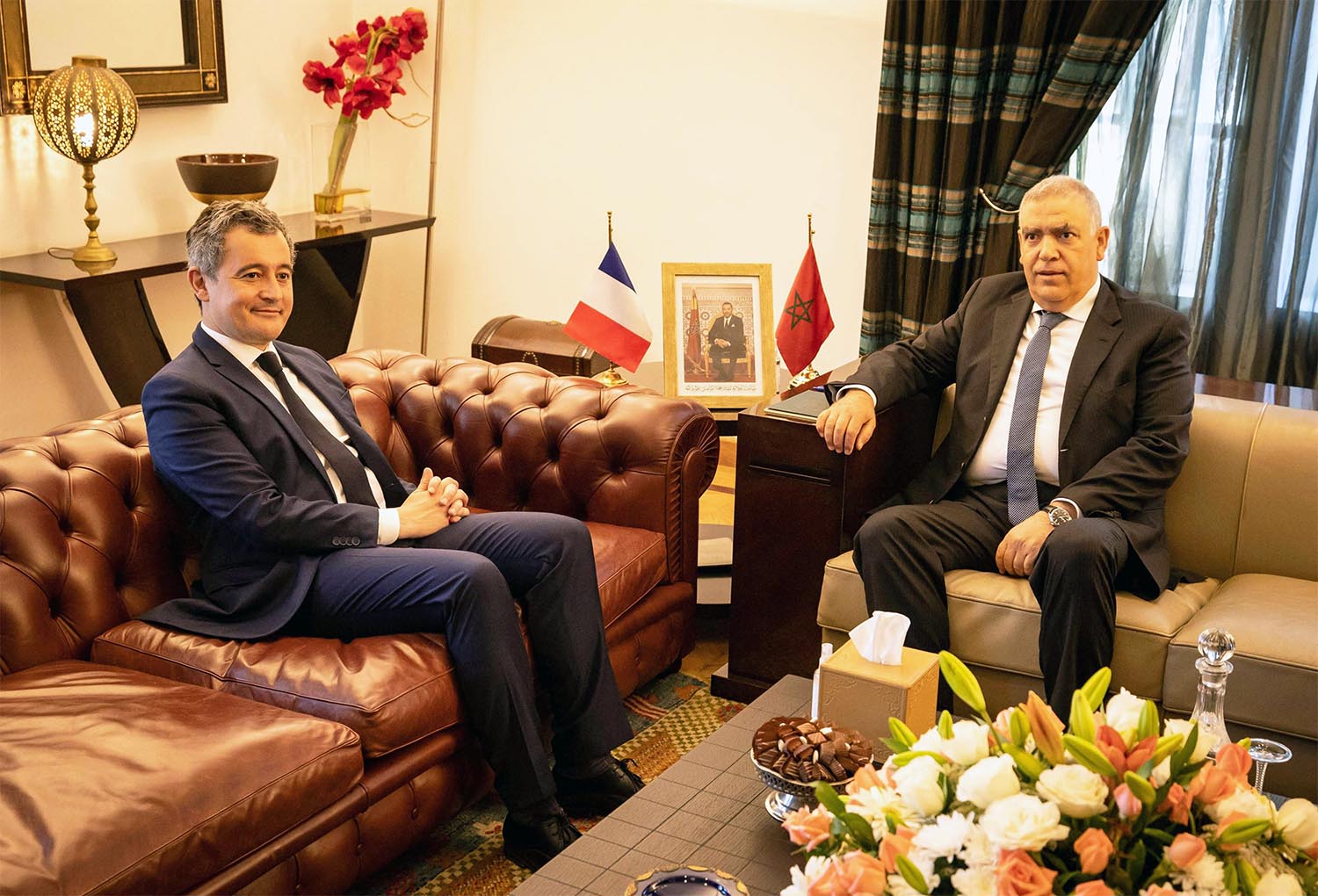 Morocco's Interior Minister Abdelouai Laftit (R) receives his French counterpart Gerald Darmanin in Rabat 