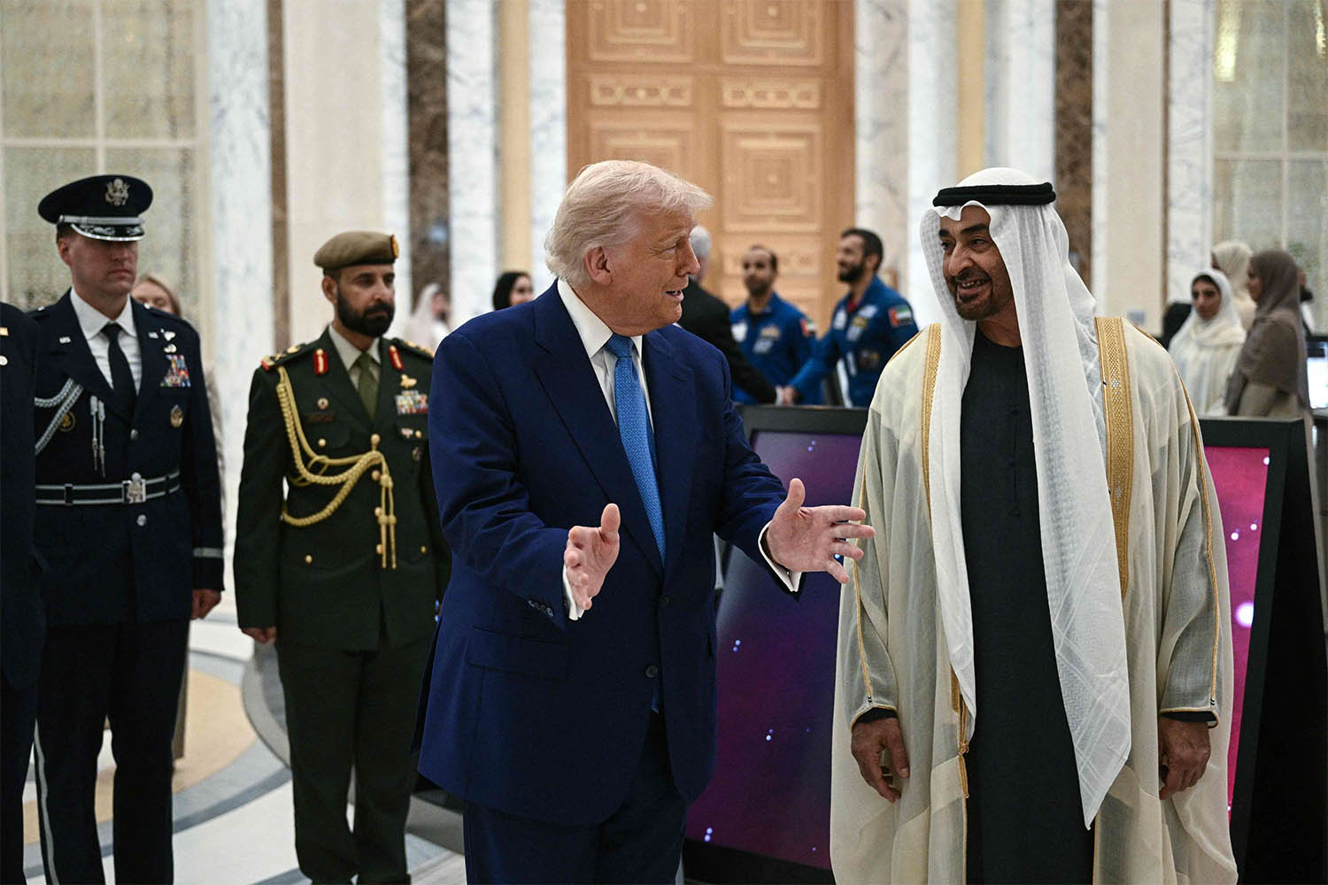 Trump and UAE President Sheikh Mohamed bin Zayed Al Nahyan talk at Qasr Al-Watan in Abu Dhabi