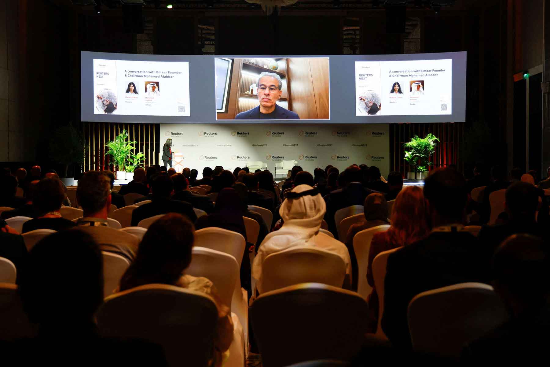 Emaar Founder and Chairman Mohamed Alabbar appears on-screen at the Reuters NEXT Gulf Summit, in Abu Dhabi, October 22, 2025. 