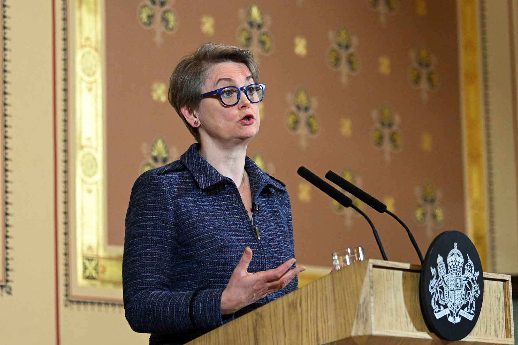 British Foreign Secretary Yvette Cooper speaks at an event in London, December 9, 2025. 