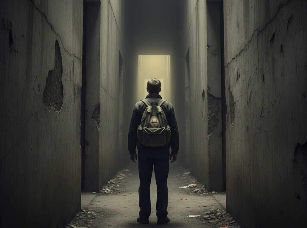 شخص يقف في ممر ضيف مع حقيبة نجاة