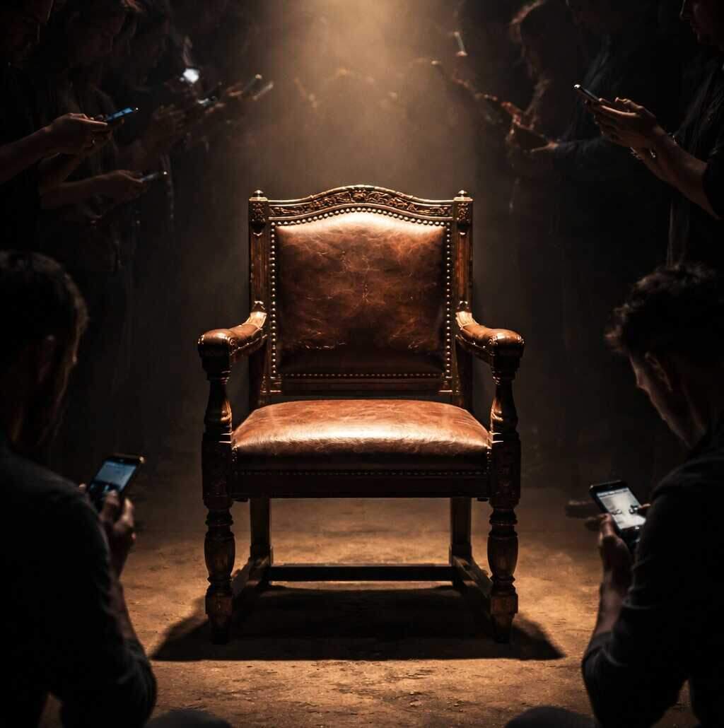 صورة تجريدية لكرسي خشبي عتيق (كرسي الناقد الأكاديمي) فارغ تحت ضوء مسلط، بينما يزدحم المشهد حوله بظلال لأشخاص يحملون هواتفهم ويكتبون، مما يجسد فكرة تراجع السلطة المركزية للناقد التقليدي