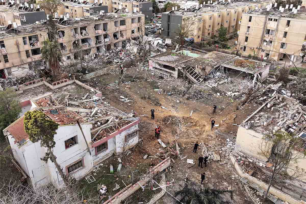 A drone view shows a damage in a residential neighbourhood in Dimona, following a night of Iranian missile strikes which injured dozens of Israelis