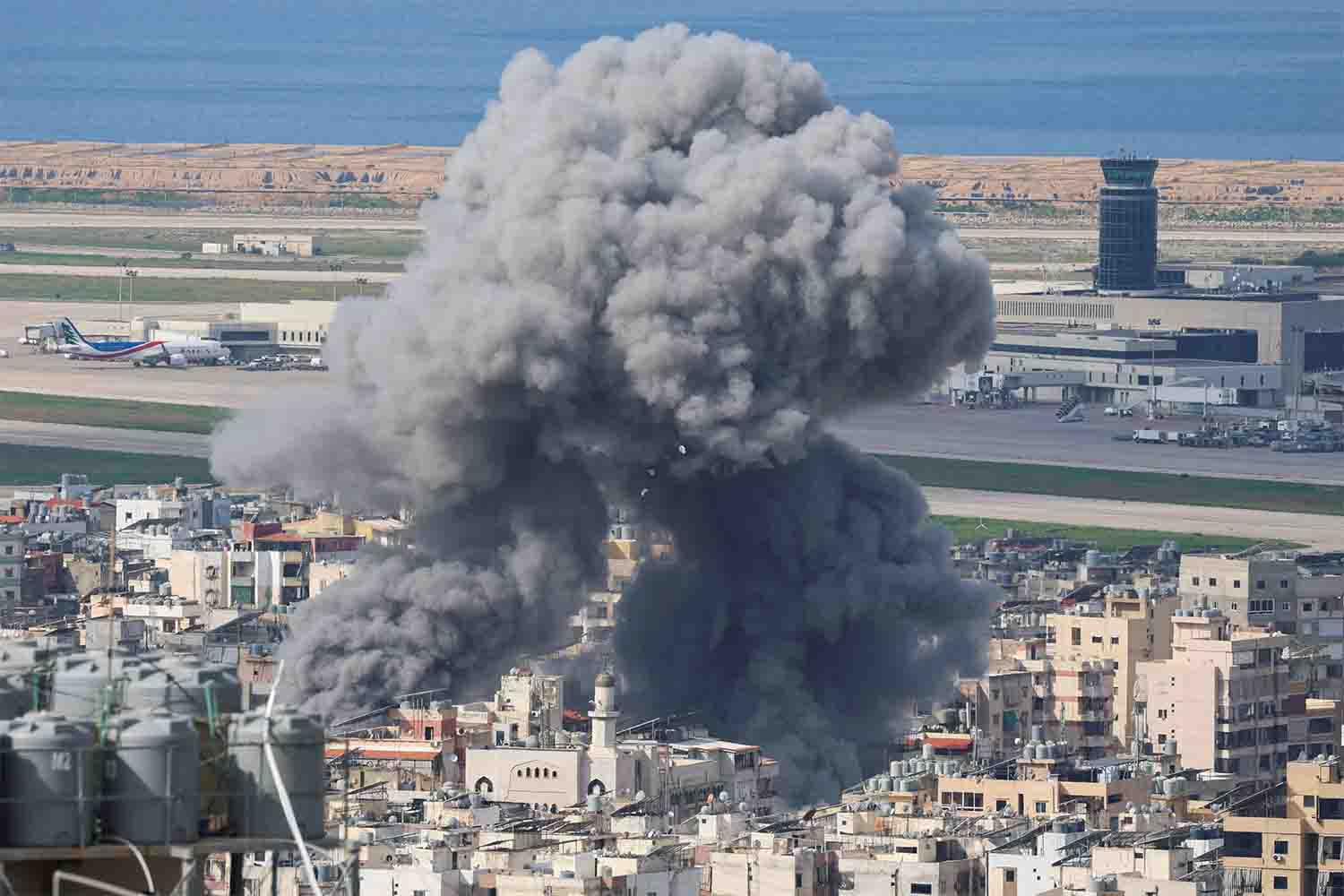 Smoke rises after an Israeli strike on Beirut's southern suburbs