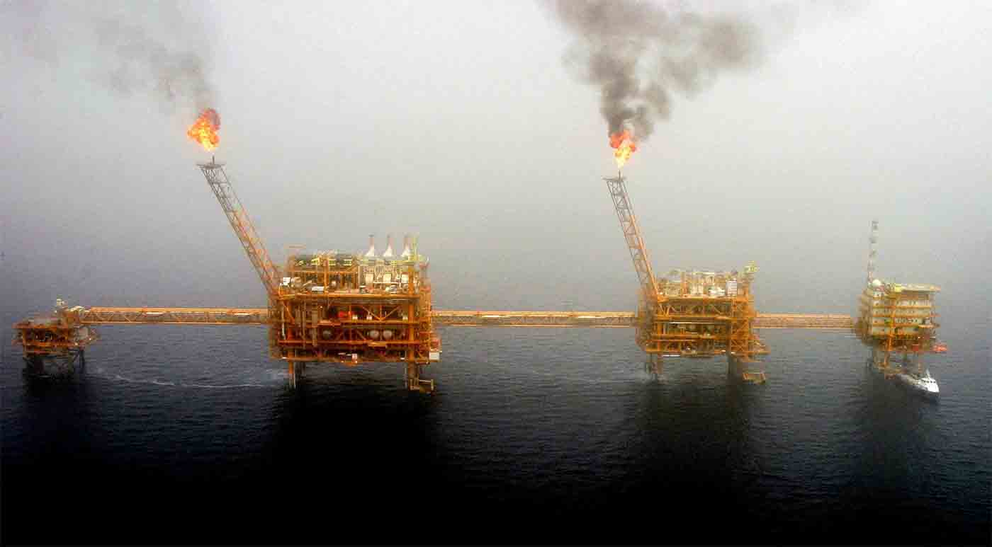  Gas flares from an oil production platform at the Soroush oil fields in the Persian Gulf, south of Tehran