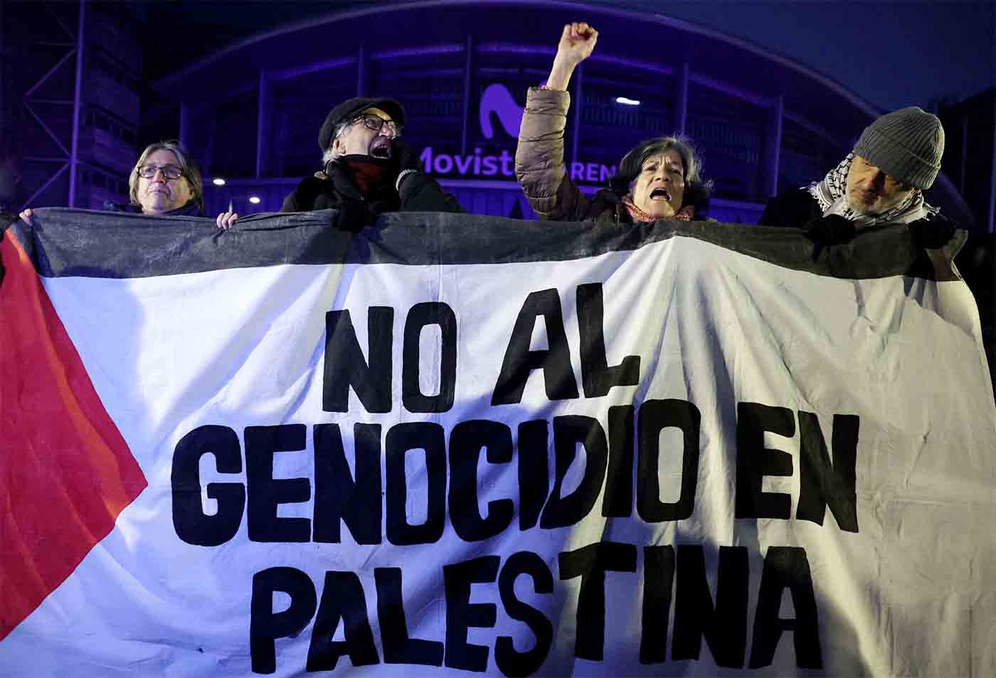 Pro-Palestinian protest ahead of Real Madrid v Maccabi Tel Aviv basketball match - Madrid, Spain - January 8, 2026 