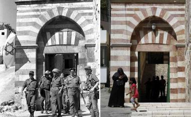 وزير الدفاع الاسرائيلي في عام 1967 موشيه دايان يتفقد قواته بعد احتلال الخليل في الضفة الغربية