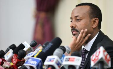 Ethiopia's Prime minister Abiy Ahmed speaks during a press conference at his office in Addis Ababa.