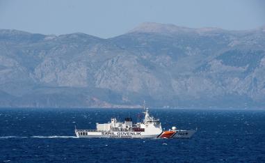 A Turkish coast guard ship patrols in the Aegean Sea off the Turkish coast, April 20, 2016.