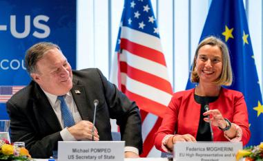 US Secretary of State Mike Pompeo, left, and EU foreign policy chief Federica Mogherini.