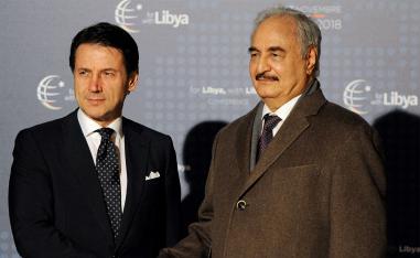 Italy's Prime Minister Giuseppe Conte welcomes Libyan military commander Khalifa Haftar 
