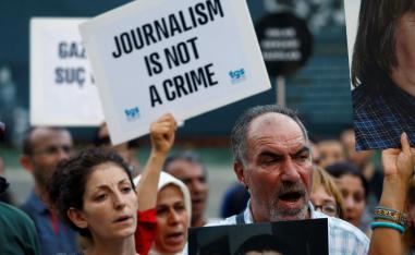 A 2016 file picture shows demonstrators shouting slogans during a protest against the arrest of prominent journalists in central Istanbul