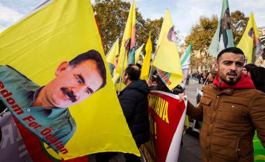 Kurdish protesters take part in a demonstration in Paris demanding the freedom of jailed Kurdistan Workers' Party (PKK) leader Abdullah Ocalan