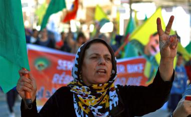 Syrian kurds demonstrate in Qamishli against Turkish shelling of Kurdish militia posts in northern Syria