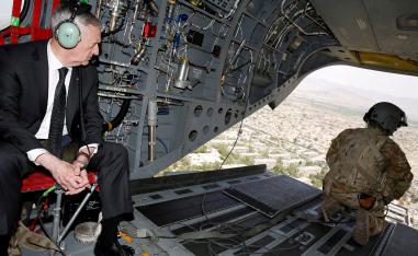 US Defense Secretary James Mattis looks out over Kabul as he arrives via helicopter at Resolute Support headquarters in Kabul, Afghanistan April 24, 2017. 