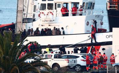 NGO Proactiva Open Arms' rescue boat is seen docked with migrants rescued in central Mediterranean Sea in the port of Algeciras