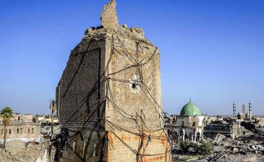 All that is left of the minaret is part of its rectangular base, the rest of it sheared off by fighting