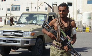 A member of the Yemeni pro-government forces is pictured in front of the May 22 Hospital on the eastern outskirts of port city of Hodeida on November 15, 2018. 