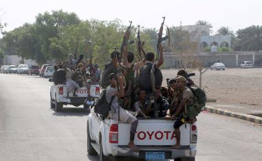 Yemeni Shiite Huthi rebel fighters are pictured in the port city of Hodeidah