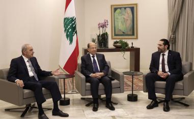 Lebanese President Michel Aoun (C), Prime Minister Saad Hariri (R), and House Speaker Nabih Berri meet at the presidential palace in Baabda, east of the capital Beirut, on January 31, 2019.