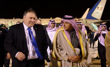 Pompeo is greeted by Saudi's Minister of State for Foreign Affairs Adel al-Jubeir in Riyadh 