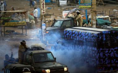 A tear gas canister is fired to disperse Sudanese demonstrators during anti-government protests in the outskirts of Khartoum, Sudan January 15, 2019..