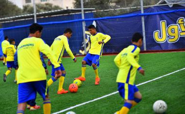 Moatasem Al-Nabeeh, 14, who is diagnosed with cancer, plays soccer with fellow cancer patients in Gaza City, February 15, 2019. Picture taken February 15, 2019.