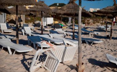 In this file photo taken on June 27, 2015, blood stains are seen on a deckchair at the beach of the Riu Imperial Marhaba Hotel, at the site of a shooting attack, in Port el Kantaoui, on the outskirts of Sousse south of the capital Tunis.