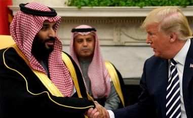 US President Donald Trump shakes hands with Saudi Crown Prince Mohammed bin Salman