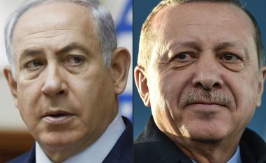  This combination of pictures created on April 1, 2018 shows a file photo taken on November 19, 2017 of Israel's Prime Minister Benjamin Netanyahu (L) attending the weekly cabinet meeting in Jerusalem and a file photo taken on December 15, 2017 of Turkish President Recep Tayyip Erdogan during the inauguration ceremony of Turkey's first automated urban metro line on the Asian side of Istanbul.
