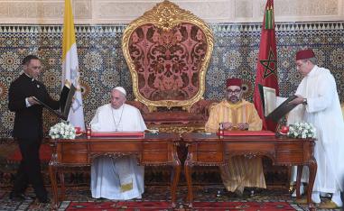 Pope Francis and King Mohammed VI attend a signature ceremony at the Royal Palace in Rabat