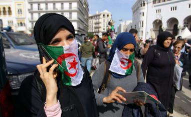 Hundreds of students gather to protest the decision of Algerian President Abdelaziz Bouteflika to run for a fifth term, in Algiers, Tuesday, March 5, 2019. 