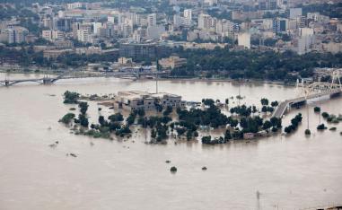 An aerial view taken on April 09, 2019 shows the Karun River which has burst its banks in Ahvaz, the capital of Iran's southwestern province of Khuzestan which has been badly affected by flooding over the past few weeks.