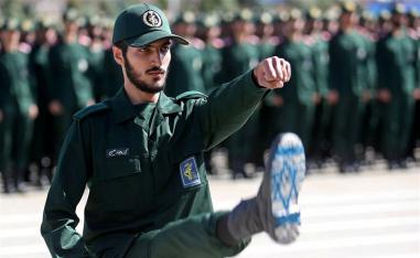 An Iranian Officer of Revolutionary Guards, with Israel flag drawn on his boots, is seen during graduation ceremony, held for the military cadets in a military academy, in Tehran, Iran June 30, 2018.