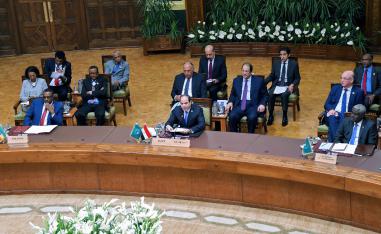 Egyptian President Abdel Fattah al-Sisi (C) speaking during a summit with African leaders in the capital Cairo
