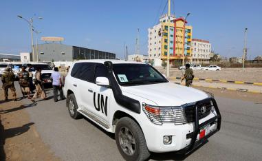 The convoy of a team from the United Nations and the World Food Program crosses from Houthi-controlled areas to a government-controlled areas to reach grain mills in an eastern suburb of Hodeidah, Yemen February 26, 2019.